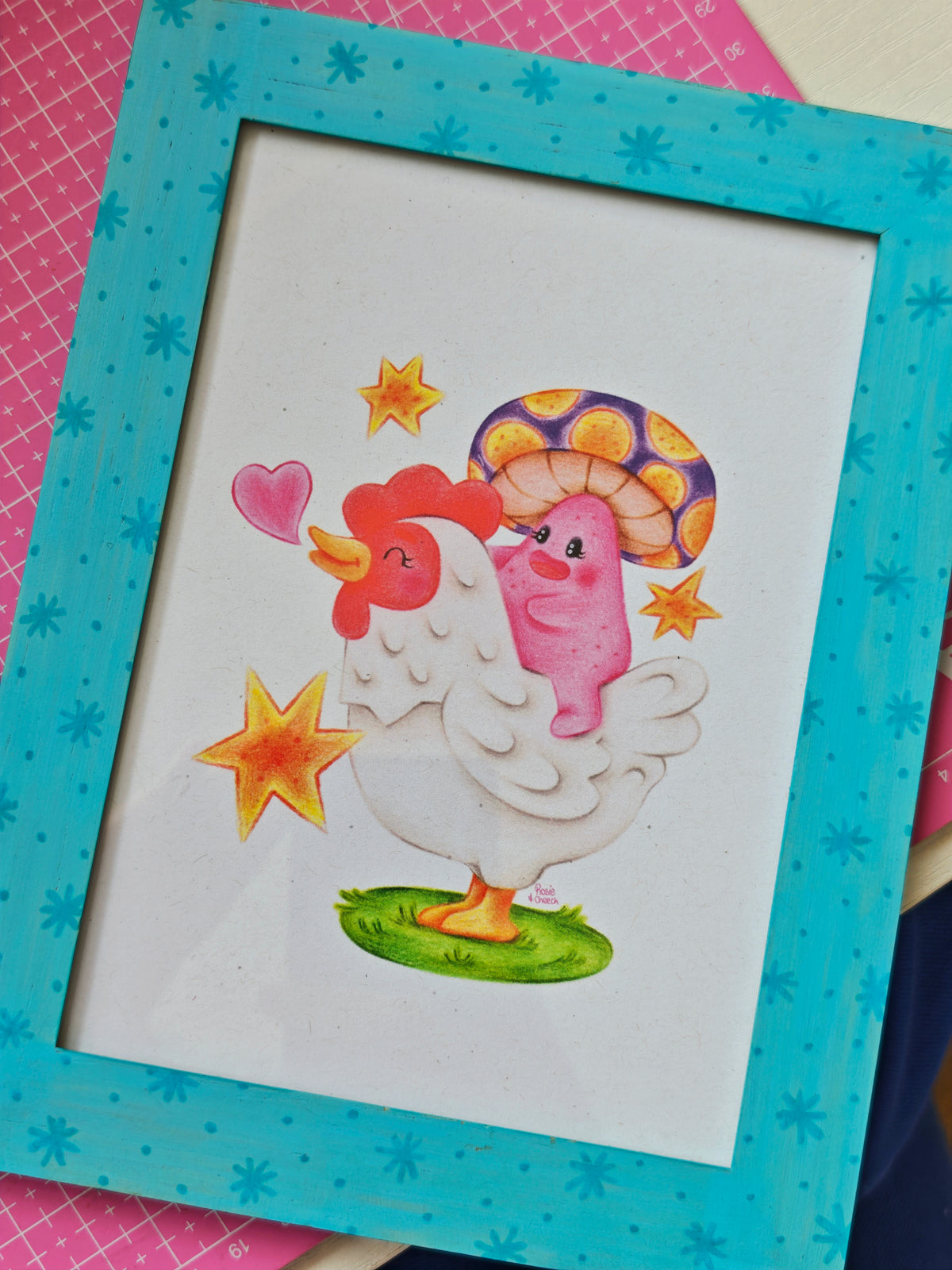 Chicken Ride! - Signed Art Print in Hand Painted Blue Frame | 5x7"