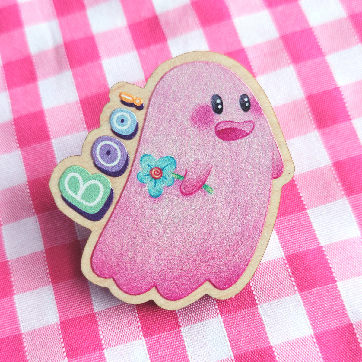 Wooden Pink Ghost BOO! Pin