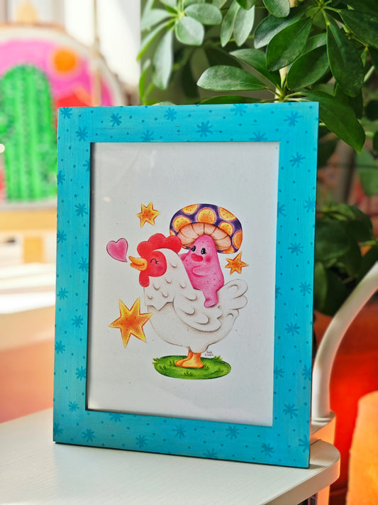 Chicken Ride! - Signed Art Print in Hand Painted Blue Frame | 5x7"