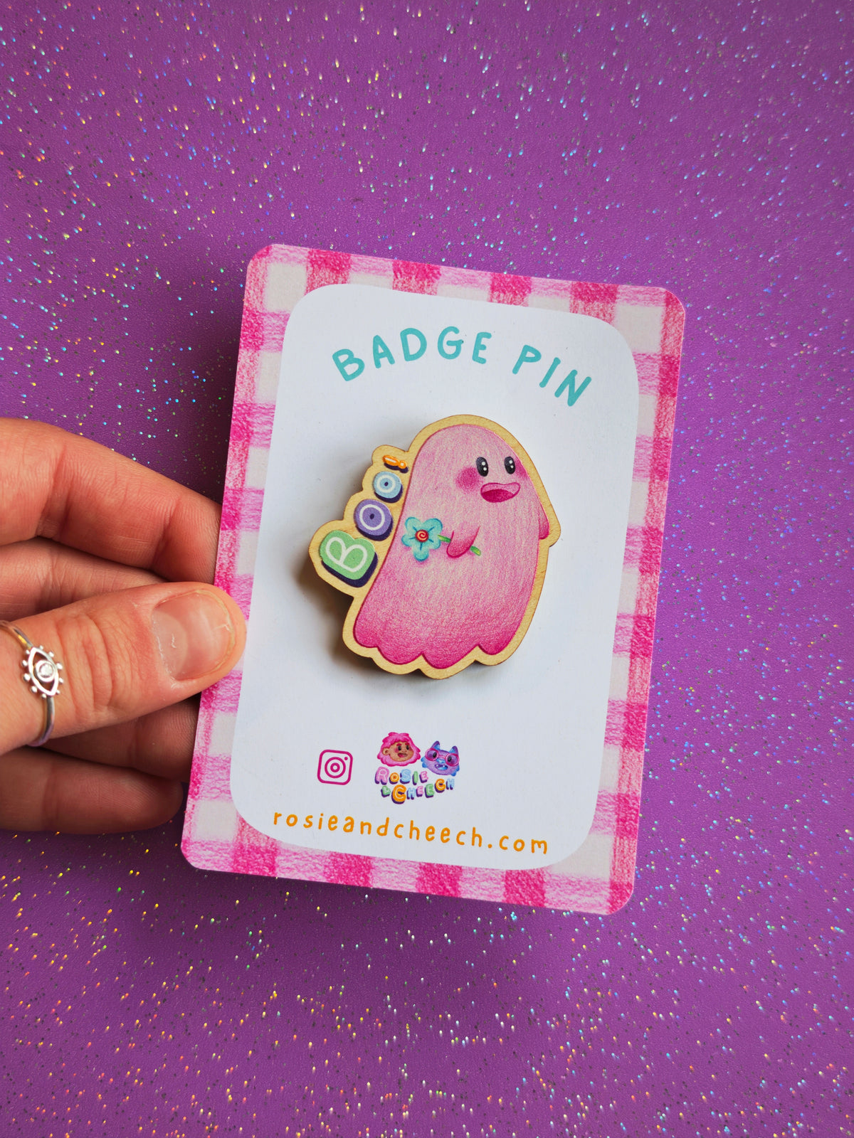 Wooden Pink Ghost BOO! Pin