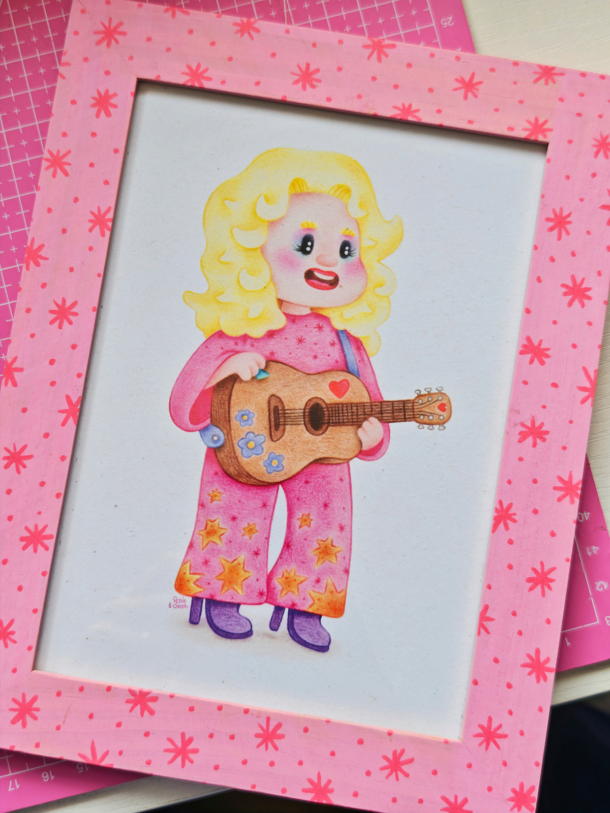 Dolly Parton - Signed Art Print in Hand Painted Pink Frame | 5x7"