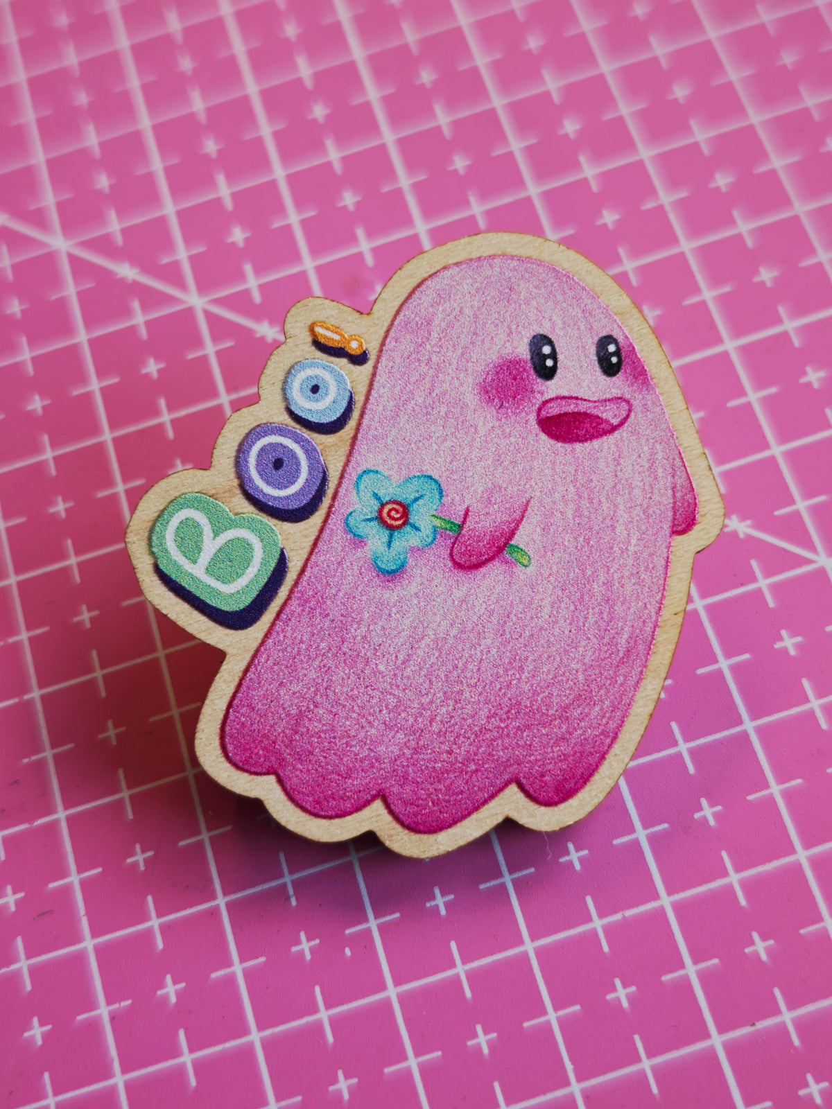 Wooden Pink Ghost BOO! Pin